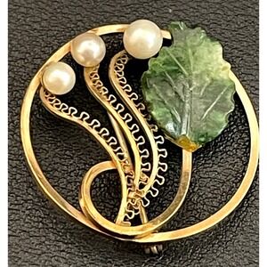 Vintage Gold Filled Brooch Leaf Circle Pin Filigree MCM 12k GF